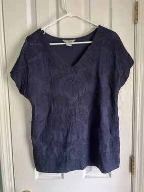 Women's Navy Embroidered V-Neck Blouse